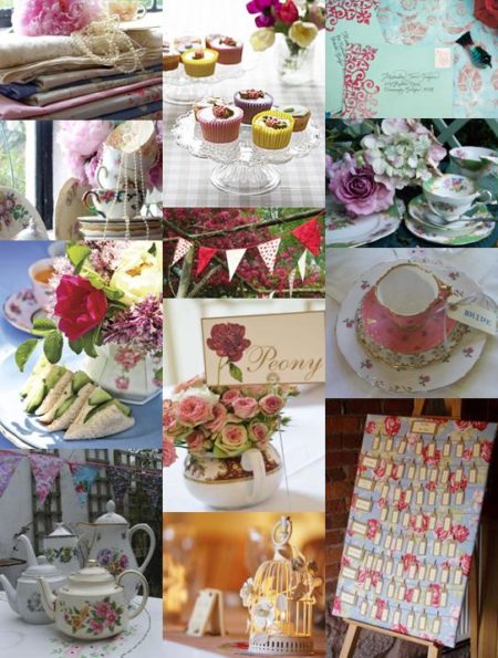 Wedding mood board showing ideas for a English Garden Party wedding theme