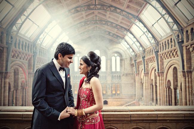 Bride and groom inside the Natural History Museum