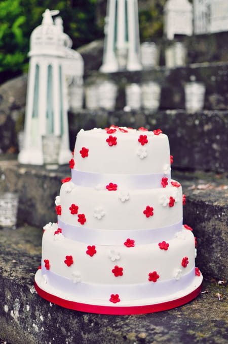 Red and white flowered wedding cake - Vintage Wedding Shoot