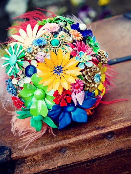 Brightly coloured brooch bouquet - Vintage Wedding Shoot