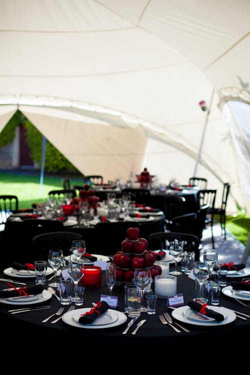 Red and black wedding table display - Sam Gibson Wedding Photography