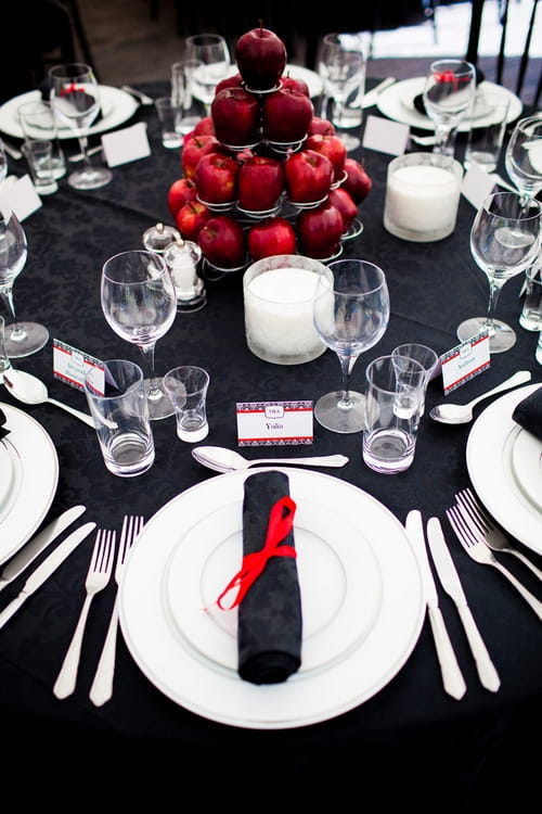 Red and black themed wedding table display - Sam Gibson Wedding Photography