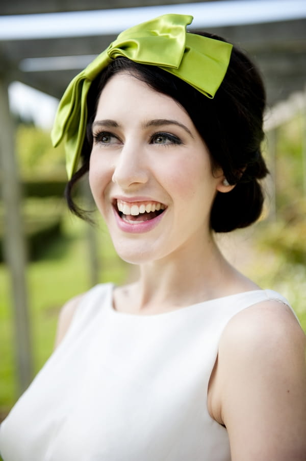 Bride wearing lime green hair bow - Good Day Sunshine Bridal Shoot