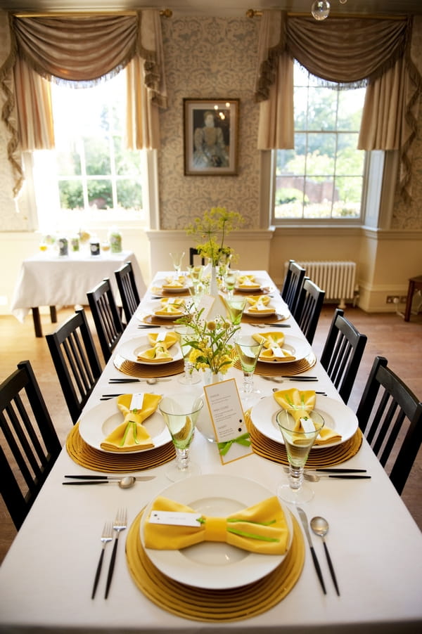 Looking down a yellow and lime green themed table arrangement - Good Day Sunshine Bridal Shoot