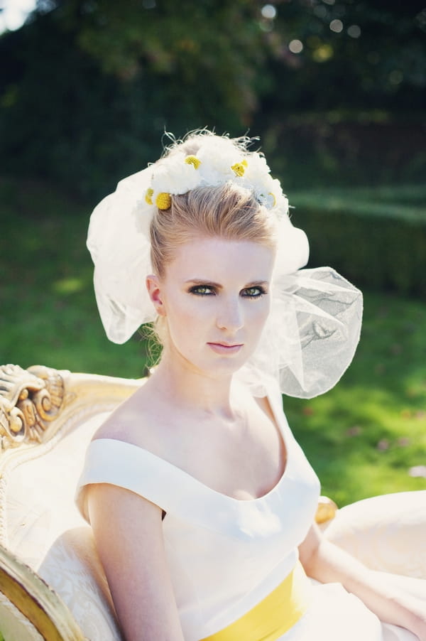 Craspedia and carnations in hair - Good Day Sunshine Bridal Shoot