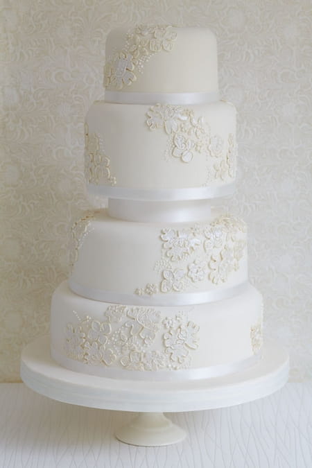 Cream 4 Layer Cake Wedding Cake with Champagne Lustre Lace Applique - The Abigail Bloom Cake Company