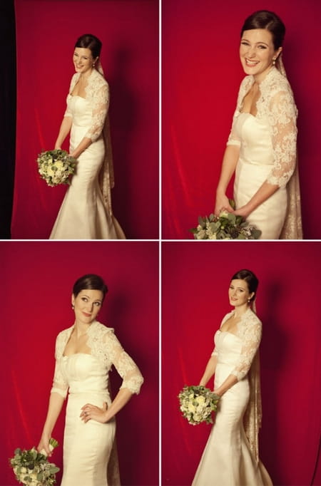 Bride standing with red background - Picture by Laura McCluskey Photography