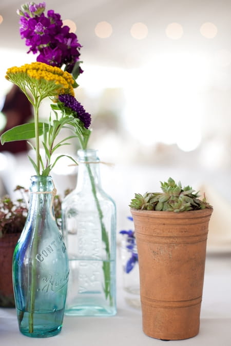 Close up of bottle and pot plant on wedding table - Picture by Levi Stolove Photography