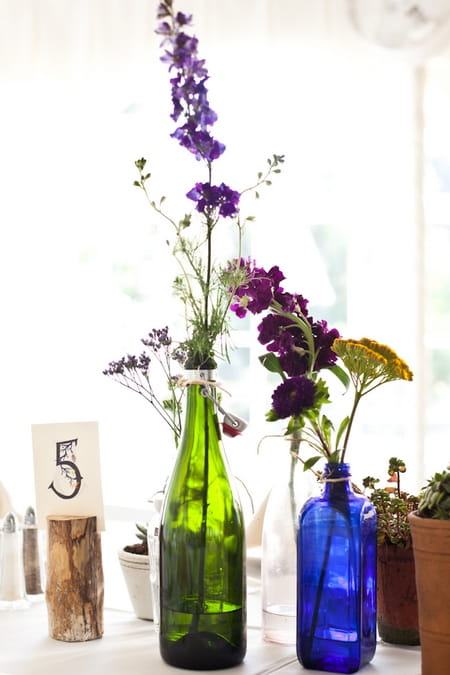 Bottles pot plants and table number on wedding table - Picture by Levi Stolove Photography