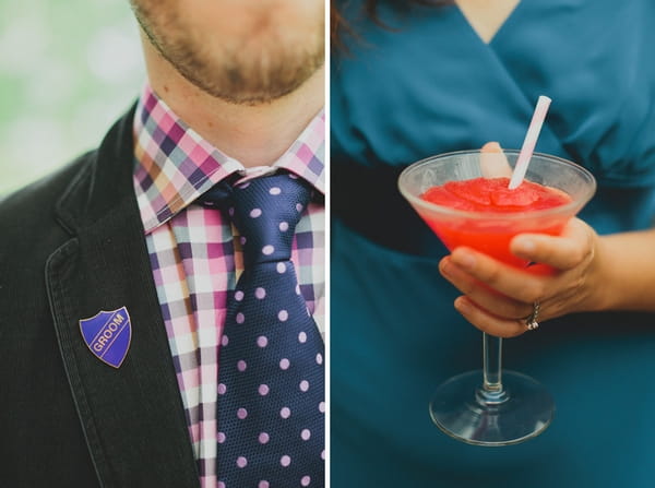 Groom badge and red drink - Picture by Jonas Peterson Photography