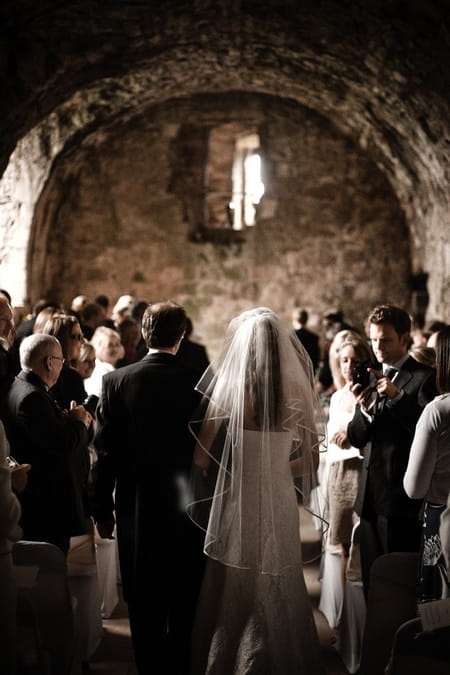 Bride approaching altar at Dirleton Castle - Picture by Archibald Photography