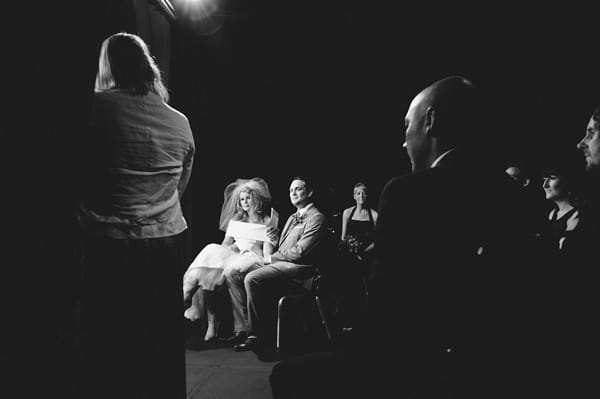 Bride and groom sitting in wedding ceremony at The Lantern Theatre - Picture by McKinley-Rodgers Photography