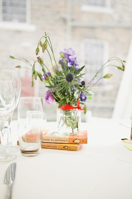 Jam jar of wild wedding flowers - Picture by McKinley-Rodgers Photography