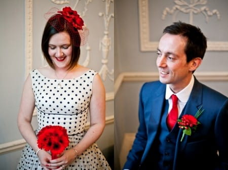 Bride in blue polka dot wedding dress and groom in blue suit - Pictures by Anneli Marinovich Photography