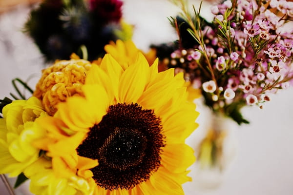 Sunflower wedding table flowers - Picture by Judy Pak Photography