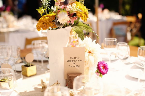 Wedding table with 'The Brief Wonderful Life of Oscar Wao' table name - Picture by Kate Harrison Photography