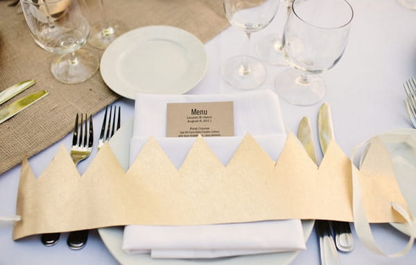 Paper crown on wedding table - Picture by Kate Harrison Photography