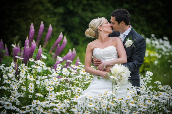 Bride and groom kissing in field of flowers - Picture by Pixies in the Cellar