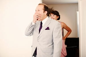Man with hand over mouth after seeing bride - Picture by Kate Harrison Photography