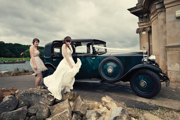 Bride next to vintage bridal car - A Homemade Marquee Wedding
