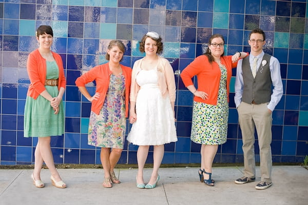 Bride with bridesmaids in orange cardigans - A Fun, Fun, Fun Wedding