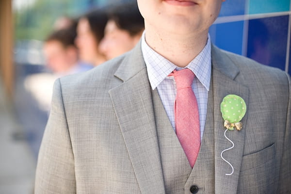 Groom's pink tie and green balloon buttonhole - A Fun, Fun, Fun Wedding