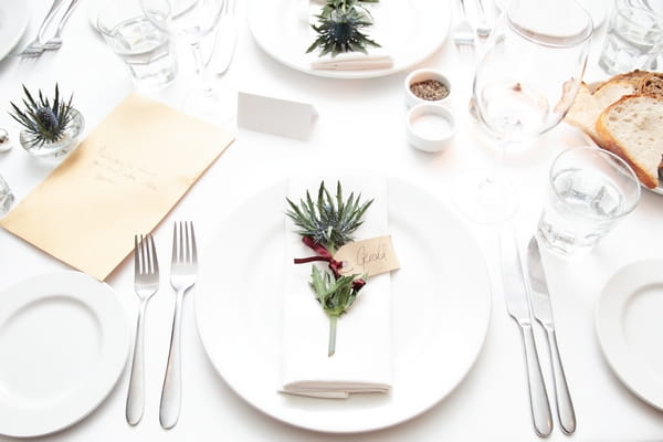 Wedding place setting with thistle - Picture by Rebecca Prigmore Photography