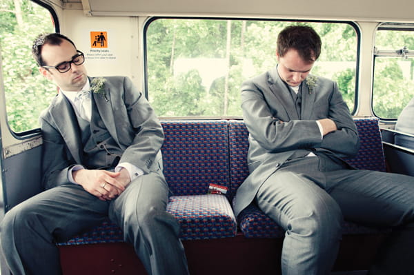 Groomsmen asleep on back seat of bus - A Homemade Marquee Wedding