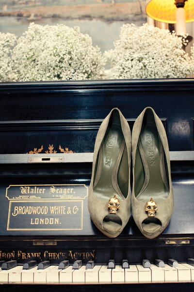 Alexander McQueen wedding shoes on piano - A Homemade Marquee Wedding