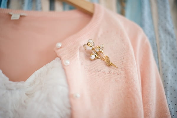 Brooch on pink cardigan - A Fun, Fun, Fun Wedding