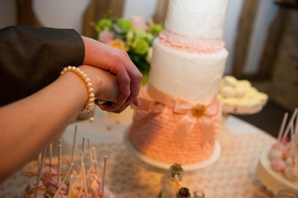 Bride and groom's hands holding knife to cut cake - Picture by Gareth Squance Photography