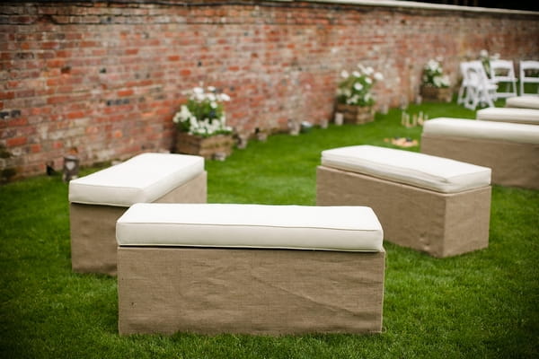 Fabric benches - A Beautiful Garden Party Wedding at Lains Barn