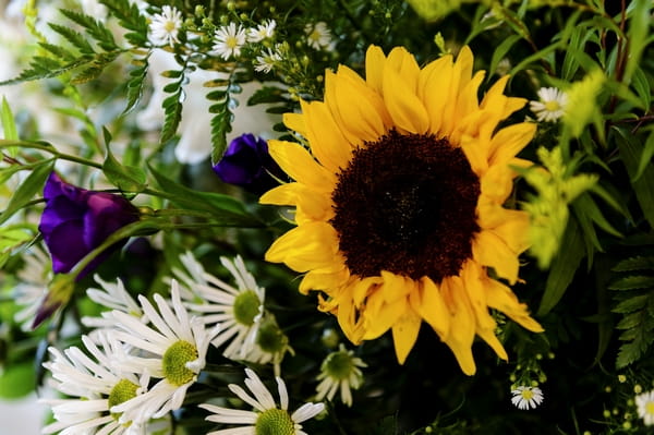 Close up of sunflower wedding flowers