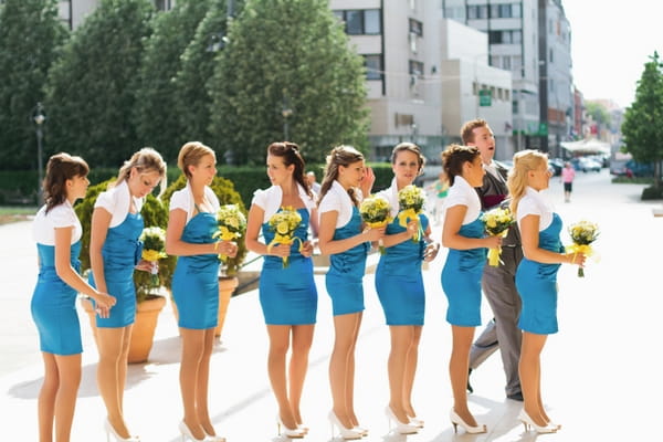 Row of bridesmaids in blue dresses - A Spring Themed Wedding in Hungary