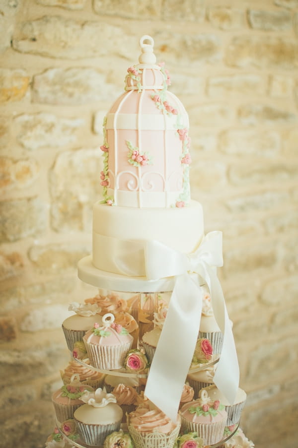 Birdcage cake on top of cupcake tower - A Farm Wedding with a British Summer Theme