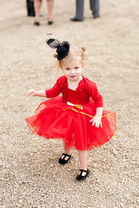 Small girl in red flower girl dress