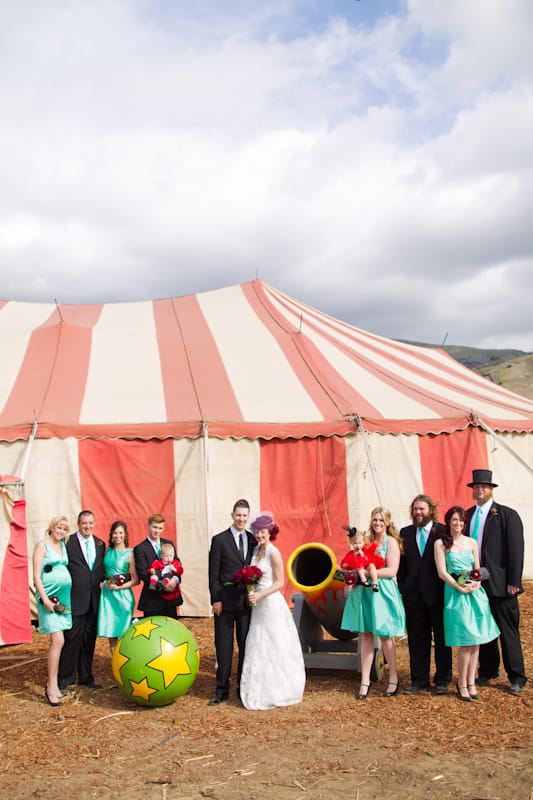 Wedding party outside circus tent