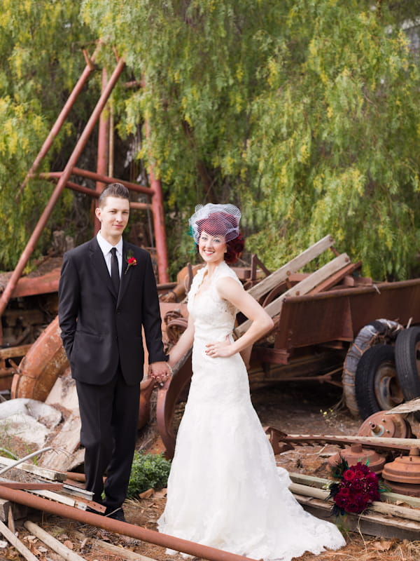 Bride and groom surrounded by scrap