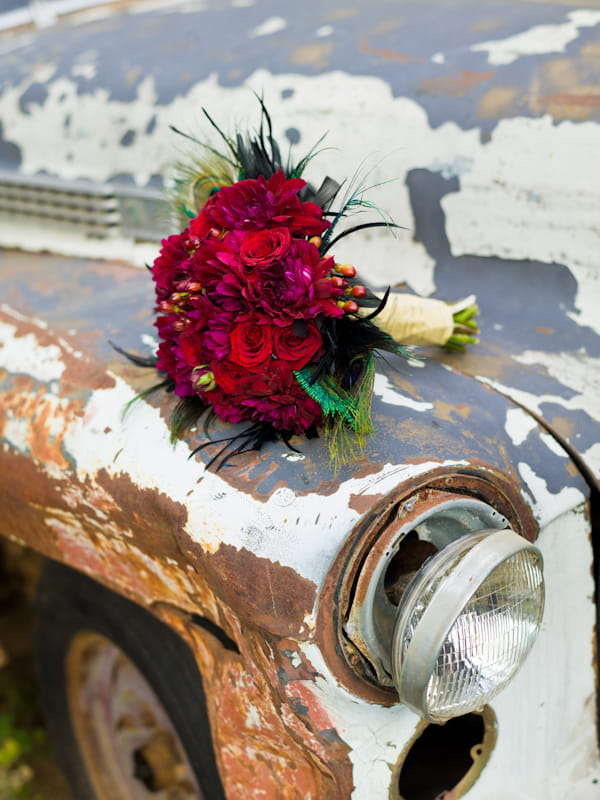 Bridal bouquet on car wing