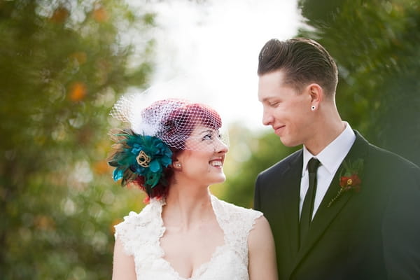 Bride and groom looking into each others' eyes