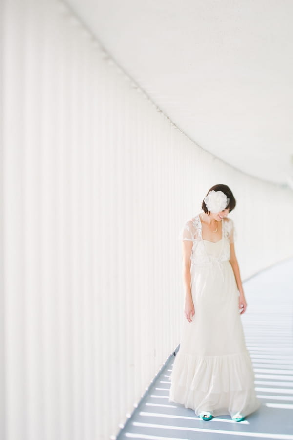 Bride looking down at floor