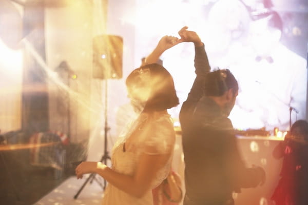 Bride and groom twirling on dance floor