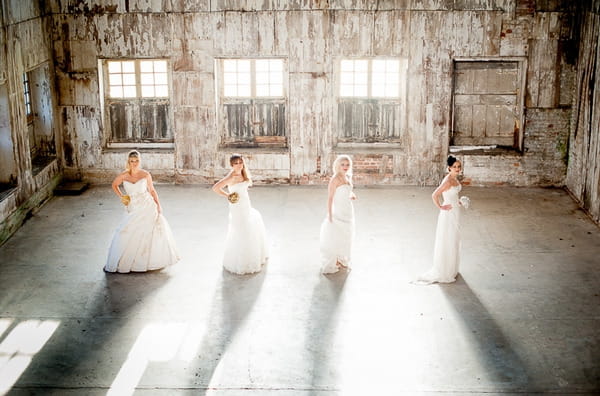 Four brides in line in warehouse