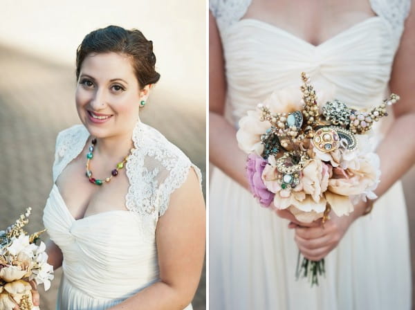 Bride holding brooch bouquet