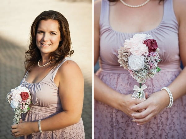 Bridesmaid in blush dress holding bouquet