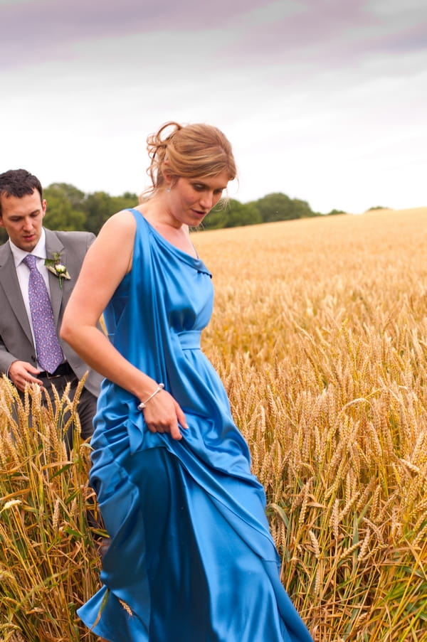 Bride in blue dress walking through cornfield