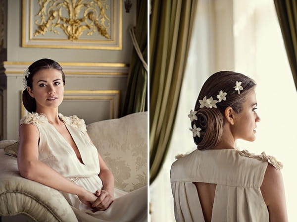 Low bun hairstyle with flowers