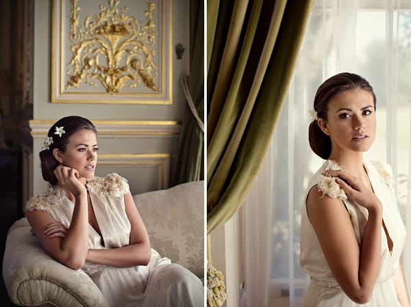 Bride with low bun hairstyle and flowers in hair