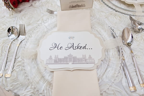 Wedding place setting with 'He Asked'