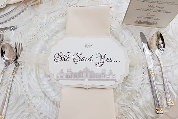 Wedding place setting with 'She Said Yes'